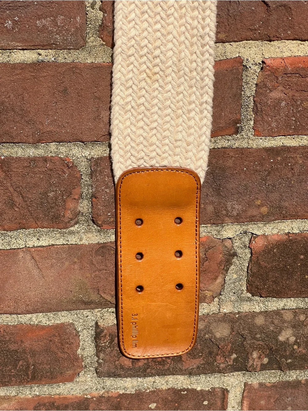 3.1 Phillip Lim Wide Woven Belt Cream with Brown Leather Buckle Quiet Luxury